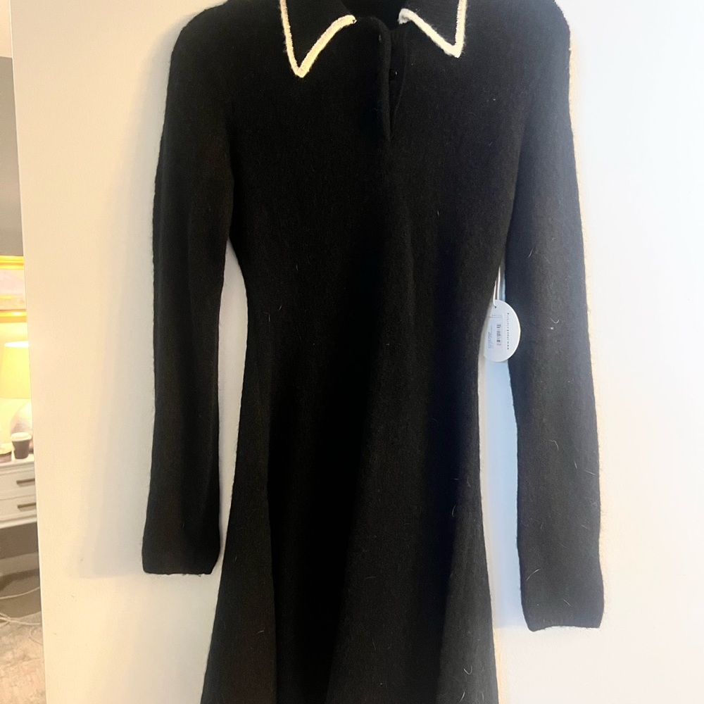 STAUD Black Long Sleeve Dress with White Collar - Picture 2 of 3